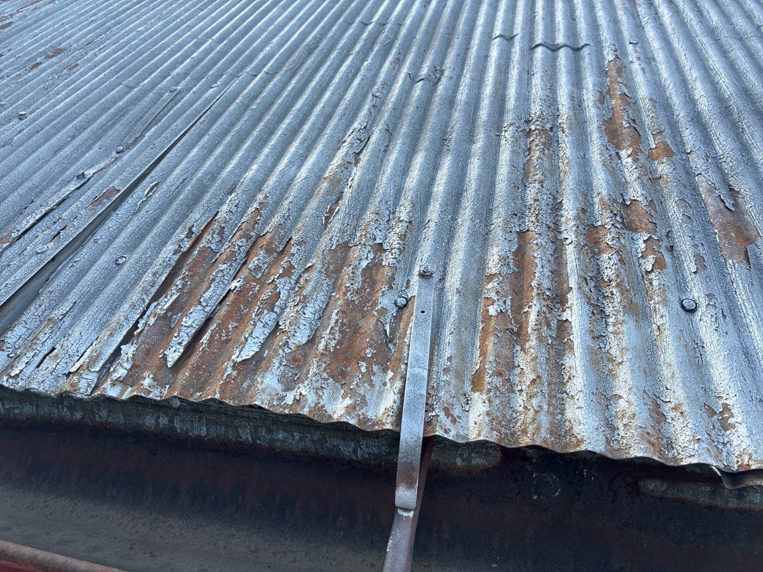 Freeman Barn roof plane showing coating failure, oxidation and fasteners